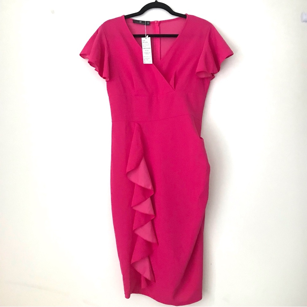 Chiccloth V-Neck Wrap Barbie Pink Ruffle Sleeve Elegant Midi Dress Size …